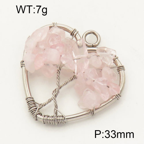 304 Stainless Steel Rose Quartz Pendants,Polished,Flat Heart,Tree,True color,33mm,Hole:3mm,about 7 g/pc,1 pc/package,3P4000559aajo-Y008