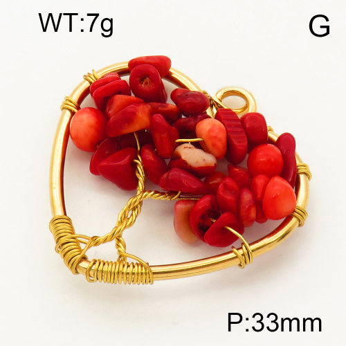 304 Stainless Steel Red Coral Pendants,Polished,Flat Heart,Tree,Vacuum plating 18K gold,33mm,Hole:3mm,about 7 g/pc,1 pc/package,3P4000560aaki-Y008