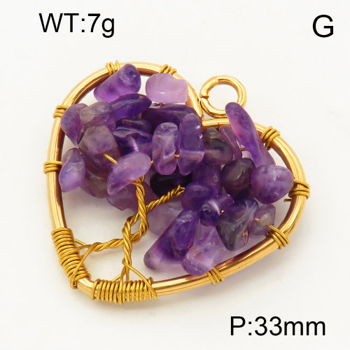 304 Stainless Steel Amethyst Pendants,Polished,Flat Heart,Tree,Vacuum plating 18K gold,33mm,Hole:3mm,about 7 g/pc,1 pc/package,3P4000562aaki-Y008