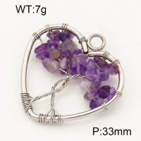 304 Stainless Steel Amethyst Pendants,Polished,Flat Heart,Tree,True color,33mm,Hole:3mm,about 7 g/pc,1 pc/package,3P4000563aajo-Y008