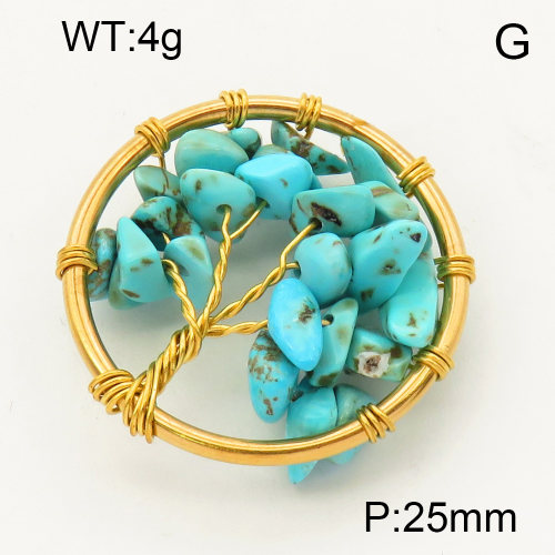304 Stainless Steel Turquoise Pendants,Polished,Flat Round,Tree,Vacuum plating 18K gold,25mm,about 4 g/pc,1 pc/package,3P4000566aajp-Y008