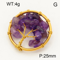 304 Stainless Steel Amethyst Pendants,Polished,Flat Round,Tree,Vacuum plating 18K gold,25mm,about 4 g/pc,1 pc/package,3P4000568aajp-Y008