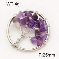 304 Stainless Steel Amethyst Pendants,Polished,Flat Round,Tree,True color,25mm,about 4 g/pc,1 pc/package,3P4000569aajl-Y008