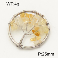 304 Stainless Steel Citrine Pendants,Polished,Flat Round,Tree,True color,25mm,about 4 g/pc,1 pc/package,3P4000571aajl-Y008