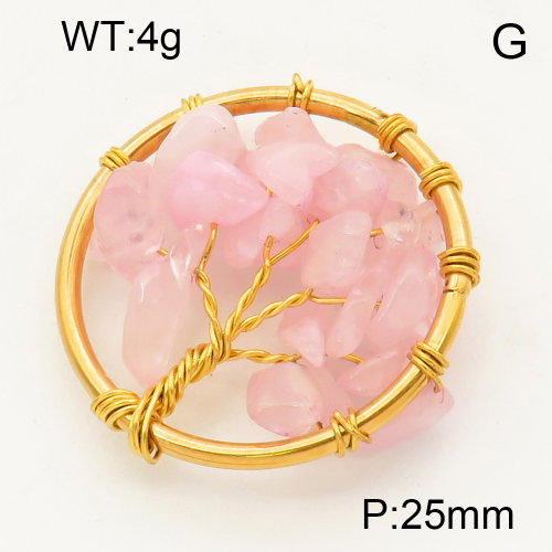 304 Stainless Steel Rose Quartz Pendants,Polished,Flat Round,Tree,Vacuum plating 18K gold,25mm,about 4 g/pc,1 pc/package,3P4000572aajp-Y008