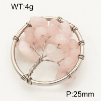 304 Stainless Steel Rose Quartz Pendants,Polished,Flat Round,Tree,True color,25mm,about 4 g/pc,1 pc/package,3P4000573aajl-Y008