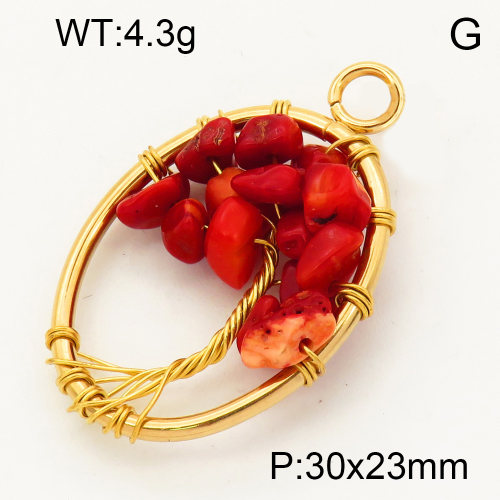 304 Stainless Steel Red Coral Pendants,Polished,Flat Oval,Tree,Vacuum plating 18K gold,30x23mm,Hole:3mm,about 4.3 g/pc,1 pc/package,3P4000574aaki-Y008