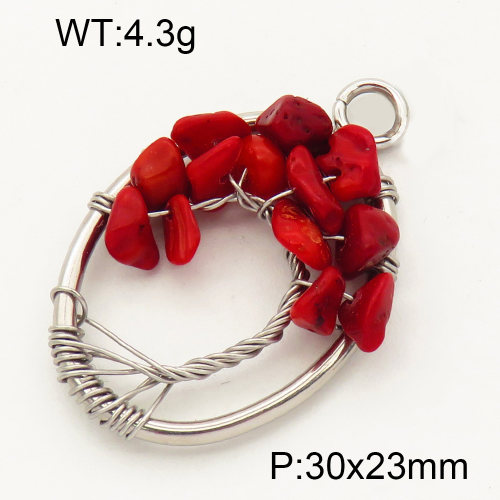 304 Stainless Steel Red Coral Pendants,Polished,Flat Oval,Tree,True color,30x23mm,Hole:3mm,about 4.3 g/pc,1 pc/package,3P4000575aajo-Y008