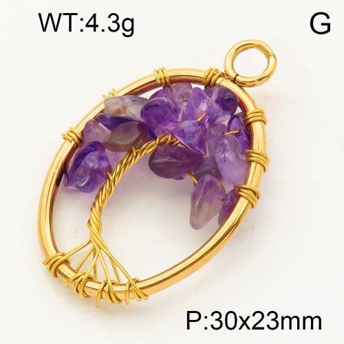 304 Stainless Steel Amethyst Pendants,Polished,Flat Oval,Tree,Vacuum plating 18K gold,30x23mm,Hole:3mm,about 4.3 g/pc,1 pc/package,3P4000576aaki-Y008