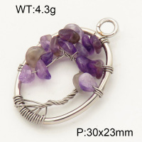 304 Stainless Steel Amethyst Pendants,Polished,Flat Oval,Tree,True color,30x23mm,Hole:3mm,about 4.3 g/pc,1 pc/package,3P4000577aajo-Y008