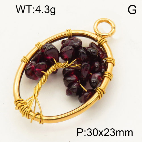304 Stainless Steel Garnet Pendants,Polished,Flat Oval,Tree,Vacuum plating 18K gold,30x23mm,Hole:3mm,about 4.3 g/pc,1 pc/package,3P4000578aaki-Y008
