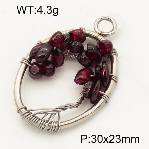 304 Stainless Steel Garnet Pendants,Polished,Flat Oval,Tree,True color,30x23mm,Hole:3mm,about 4.3 g/pc,1 pc/package,3P4000579aajo-Y008
