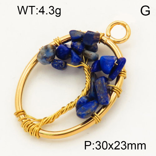 304 Stainless Steel Lapis Lazuli Pendants,Polished,Flat Oval,Tree,Vacuum plating 18K gold,30x23mm,Hole:3mm,about 4.3 g/pc,1 pc/package,3P4000580aaki-Y008
