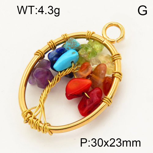 304 Stainless Steel Gemstone Pendants,Polished,Flat Oval,Tree,Vacuum plating 18K gold,30x23mm,Hole:3mm,about 4.3 g/pc,1 pc/package,3P4000582aaki-Y008
