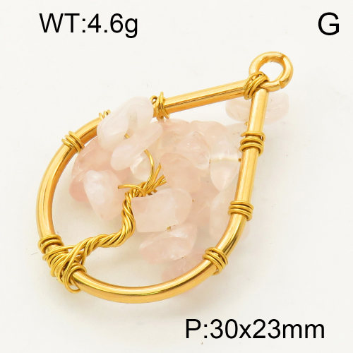 304 Stainless Steel Rose Quartz Pendants,Polished,Flat Drop,Tree,Vacuum plating 18K gold,30x23mm,Hole:3mm,about 4.6 g/pc,1 pc/package,3P4000584aaki-Y008