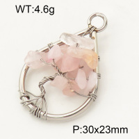 304 Stainless Steel Rose Quartz Pendants,Polished,Flat Drop,Tree,True color,30x23mm,Hole:3mm,about 4.6 g/pc,1 pc/package,3P4000585aajo-Y008