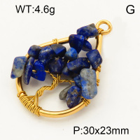 304 Stainless Steel Lapis Lazuli Pendants,Polished,Flat Drop,Tree,Vacuum plating 18K gold,30x23mm,Hole:3mm,about 4.6 g/pc,1 pc/package,3P4000586aaki-Y008