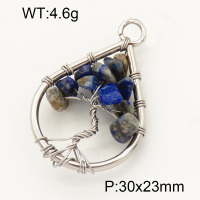 304 Stainless Steel Lapis Lazuli Pendants,Polished,Flat Drop,Tree,True color,30x23mm,Hole:3mm,about 4.6 g/pc,1 pc/package,3P4000587aajo-Y008
