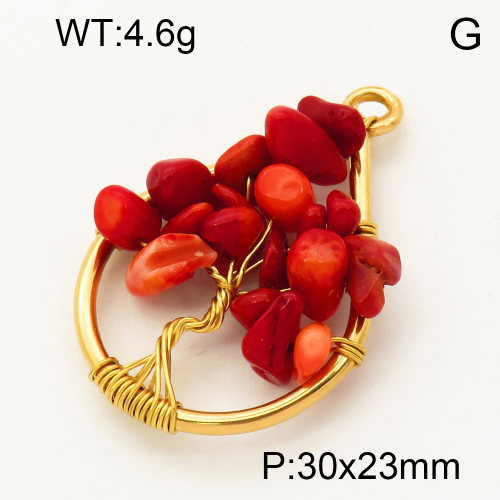 304 Stainless Steel Red Coral Pendants,Polished,Flat Drop,Tree,Vacuum plating 18K gold,30x23mm,Hole:3mm,about 4.6 g/pc,1 pc/package,3P4000588aaki-Y008
