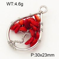 304 Stainless Steel Red Coral Pendants,Polished,Flat Drop,Tree,True color,30x23mm,Hole:3mm,about 4.6 g/pc,1 pc/package,3P4000589aajo-Y008