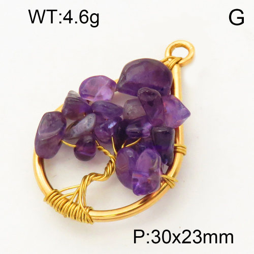 304 Stainless Steel Amethyst Pendants,Polished,Flat Drop,Tree,Vacuum plating 18K gold,30x23mm,Hole:3mm,about 4.6 g/pc,1 pc/package,3P4000590aaki-Y008