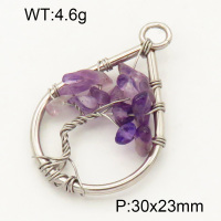 304 Stainless Steel Amethyst Pendants,Polished,Flat Drop,Tree,True color,30x23mm,Hole:3mm,about 4.6 g/pc,1 pc/package,3P4000591aajo-Y008
