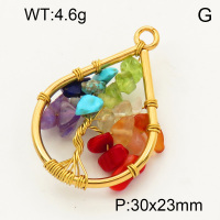 304 Stainless Steel Gemstone Pendants,Polished,Flat Drop,Tree,Vacuum plating 18K gold,30x23mm,Hole:3mm,about 4.6 g/pc,1 pc/package,3P4000592aaki-Y008