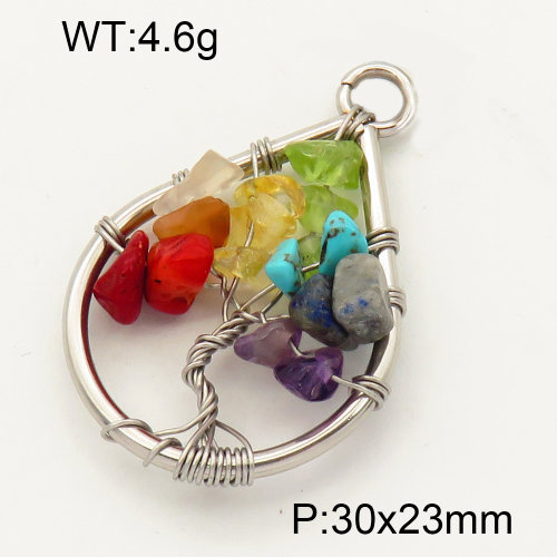304 Stainless Steel Gemstone Pendants,Polished,Flat Drop,Tree,True color,30x23mm,Hole:3mm,about 4.6 g/pc,1 pc/package,3P4000593aajo-Y008