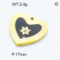 304 Stainless Steel Cubic Zirconia Enamel Pendants,High quality handmade polishing,Flat Heart,Star of David,Vacuum plating 18K gold,Black,17mm,Hole:1.5mm,about 2.4 g/pc,1 pc/package,3P4001060baka-066