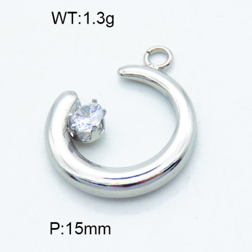 316 Stainless Steel Cubic Zirconia Casting  Pendants,High quality handmade polishing,Moon,True color,15mm,Hole:2mm,about 1.3 g/pc,1 pc/package,3P4001065baka-066