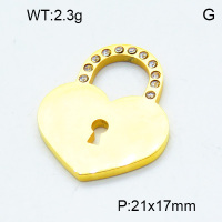 304 Stainless Steel Rhinestone Pendants,Polished,Heart Lock,Vacuum plating 18K gold,21x17mm,about 2.3 g/pc,5 pcs/package,3P4001078aaik-906