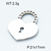 304 Stainless Steel Rhinestone Pendants,Polished,Heart Lock,True color,21x17mm,about 2.3 g/pc,5 pcs/package,3P4001079aaih-906