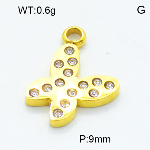 304 Stainless Steel Rhinestone Pendants,Polished,Butterfly,Vacuum plating 18K gold,9mm,Hole:2mm,about 0.6 g/pc,5 pcs/package,3P4001080vaii-906