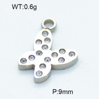 304 Stainless Steel Rhinestone Pendants,Polished,Butterfly,True color,9mm,Hole:2mm,about 0.6 g/pc,5 pcs/package,3P4001081aahp-906