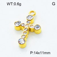 304 Stainless Steel Rhinestone Pendants,Polished,Cross,Vacuum plating 18K gold,14x11mm,Hole:2mm,about 0.6 g/pc,5 pcs/package,3P4001082aaim-906