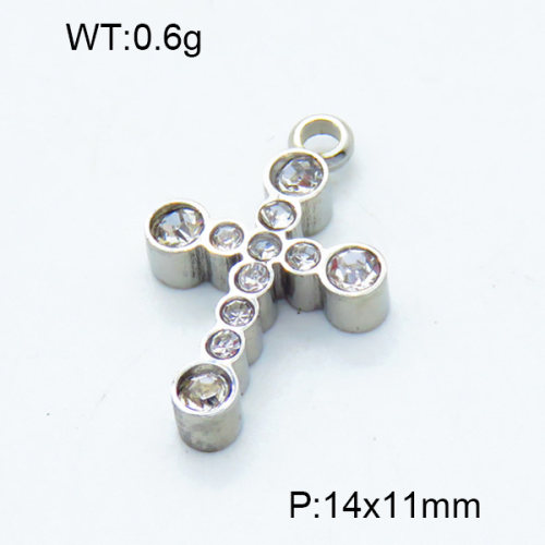 304 Stainless Steel Rhinestone Pendants,Polished,Cross,True color,14x11mm,Hole:2mm,about 0.6 g/pc,5 pcs/package,3P4001083aaij-906