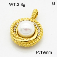 316 Stainless Steel Casting Cubic Zirconia Shell Pearl Pendants,High quality handmade polishing,Hemp round,Vacuum plating 18K gold,19mm,about 3.8 g/pc,1 pc/package,3P4001101vbnl-066