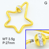304 Stainless Steel Polymer Clay Rhinestone Screw Clasps,Polished,Star,Vacuum plating 18K gold,27mm,about 3.5 g/pc,1 pc/package,3P4001105aajl-906
