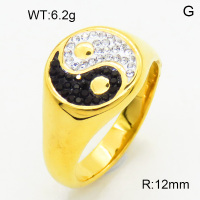 316 Stainless Steel Casting Cubic Zirconia Rings,High quality handmade polishing,Round,Tai Chi,Vacuum plating 18K gold,12mm,about 6.2 g/pc,1 pc/package,3R4001039bhia-066