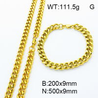 304 Stainless Steel Bracelets & Necklaces Sets,Polished,Cuban Chain Twisted Curb Chains,Vacuum plating gold,N:550x9mm,B:210x9mm,about 111.5 g/set,1 set/package,3S0011623vivm-G025