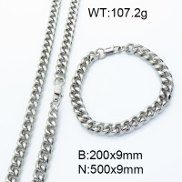 304 Stainless Steel Bracelets & Necklaces Sets,Polished,Cuban Chain Twisted Curb Chains,True color,N:550x9mm,B:210x9mm,about 107.2 g/set,1 set/package,3S0011624bhjm-G025