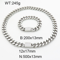 304 Stainless Steel Cubic Zirconia Sets,High quality handmade polishing,Cuban Chain,True color,N:500x13mm,B:200x13mm,Clasp:12x17mm,about 245 g/set,1 set/package,3S0012277amja-066