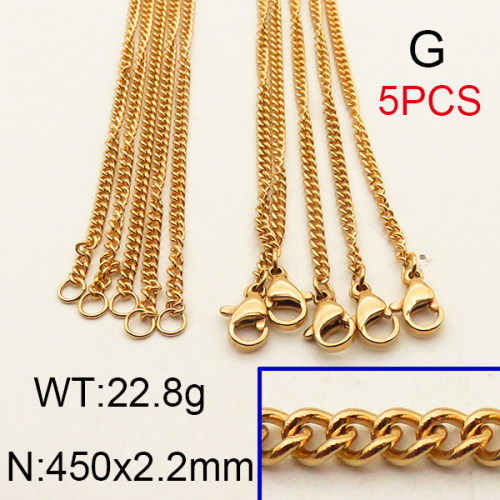 304 Stainless Steel Necklace Making,Curb Chains Twisted Chains,Vacuum plating 18K gold,450x2.2mm,about 4.56 g/pc,5 pcs/package,6N2001655vbnb-900
