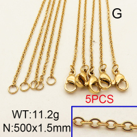 304 Stainless Steel Necklace Making,Cable Chains,Vacuum plating 18K gold,500x1.5mm,about 2.24 g/pc,5 pcs/package,6N2001660aakk-900