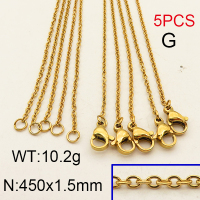 304 Stainless Steel Necklace Making,Cable Chains,Vacuum plating 18K gold,450x1.5mm,about 2.04 g/pc,5 pcs/package,6N2001667aakk-900