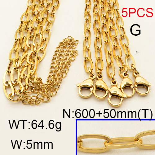 304 Stainless Steel Necklace Making,Cable Paperclip Chains,Vacuum plating 18K gold,L:600x5mm,T:50mm,about 12.92 g/pc,5 pcs/package,6N2001668vihb-900