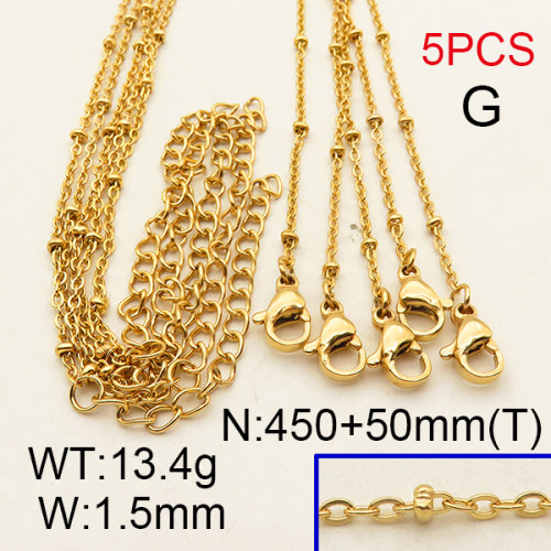 304 Stainless Steel Necklace Making,Cable Satellite Chains,Vacuum plating 18K gold,L:450x1.5mm,T:50mm,about 2.68 g/pc,5 pcs/package,6N2001672abol-900