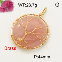 Brass Rose Quartz Pendants,Flat Round,Tree,Plating Gold,44mm,about 23.7 g/pc,1 pc/package,F3P400009bbov-Y008