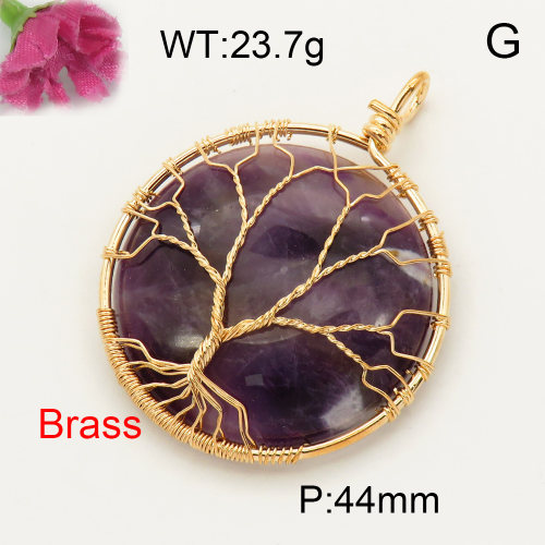 Brass Amethyst Pendants,Flat Round,Tree,Plating Gold,44mm,about 23.7 g/pc,1 pc/package,F3P400011bbov-Y008