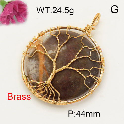 Brass Amazonite Pendants,Flat Round,Tree,Plating Gold,44mm,about 24.5 g/pc,1 pc/package,F3P400013bbov-Y008